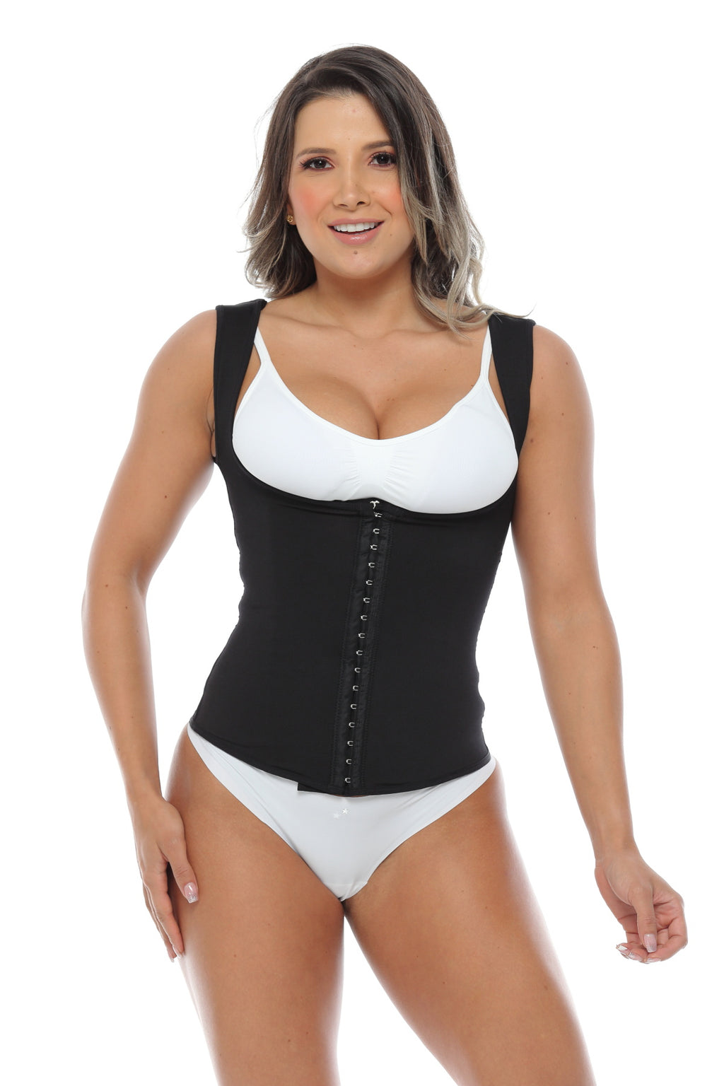 Detalle de las costuras reforzadas y varillas internas del chaleco moldeador.