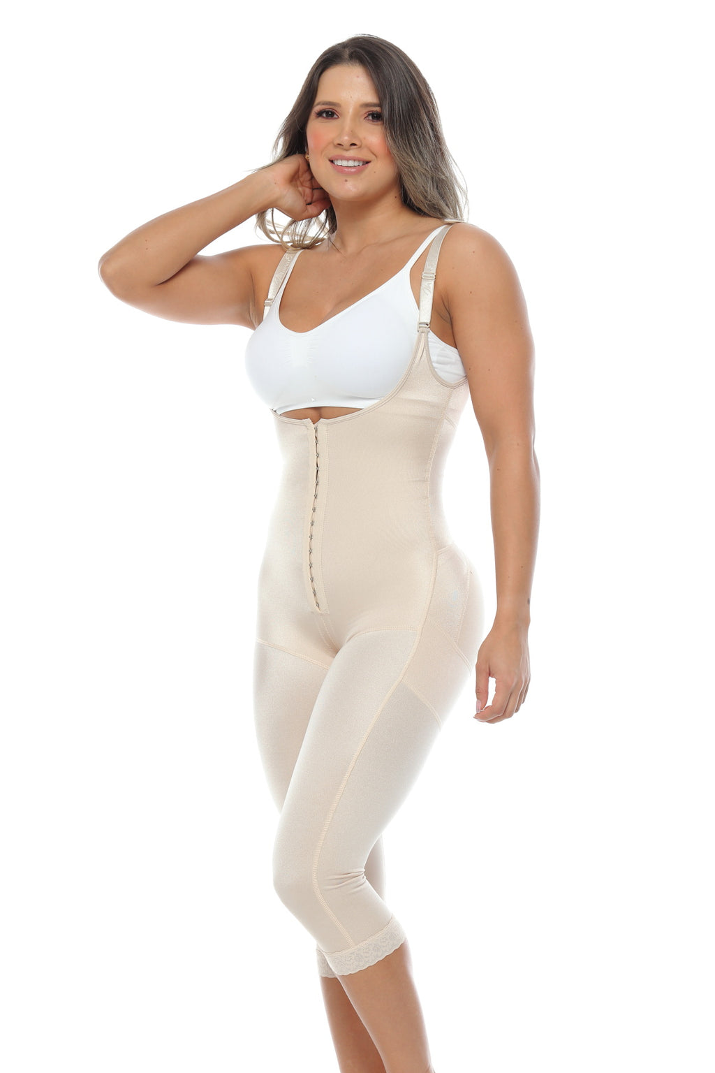 Vista lateral de la faja Triconet larga Mi Care mostrando ajuste en abdomen y piernas.