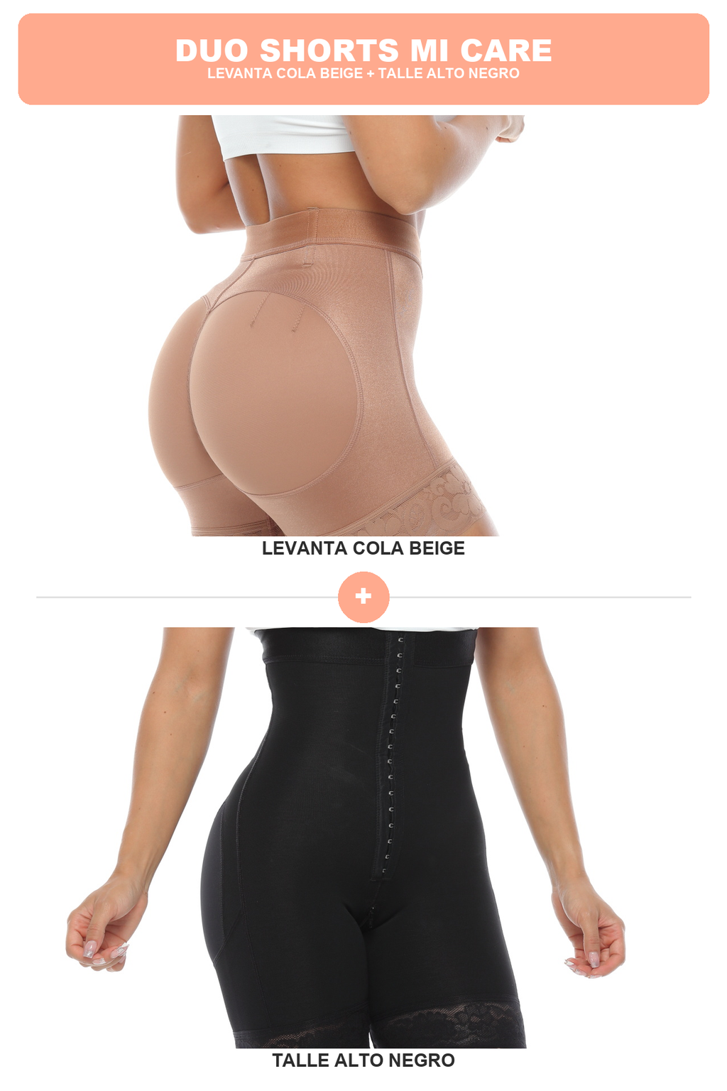 Duo Shorts Mi Care: Levanta Cola Beige + Talle Alto Negro